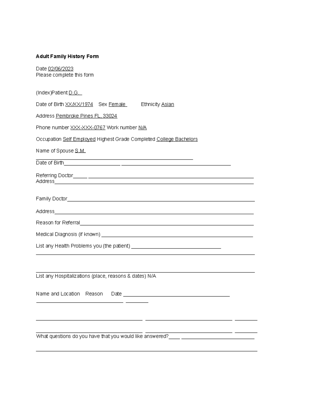 Adult History Form Short Form - Adult Family History Form Date 02/06 ...