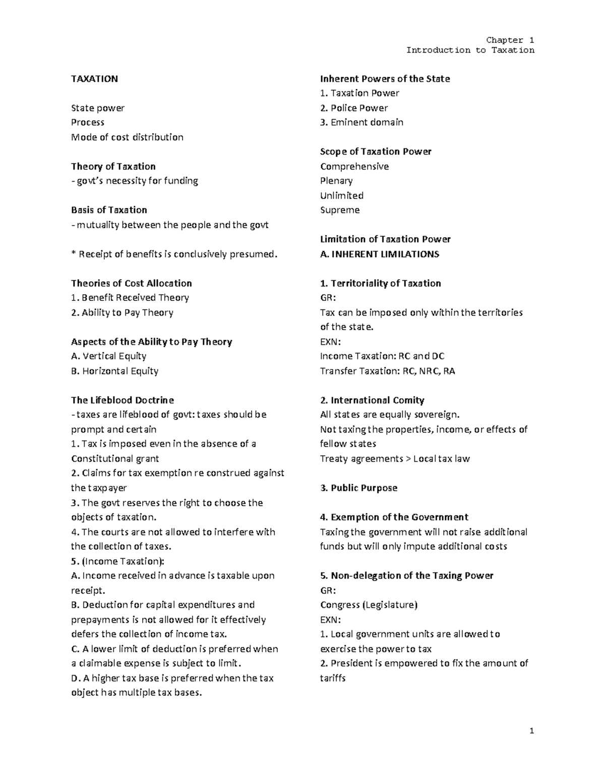 TAX STUDY GUIDE ON CHAPTER 1 TO 3 IN BULLET FORM. Introduction to