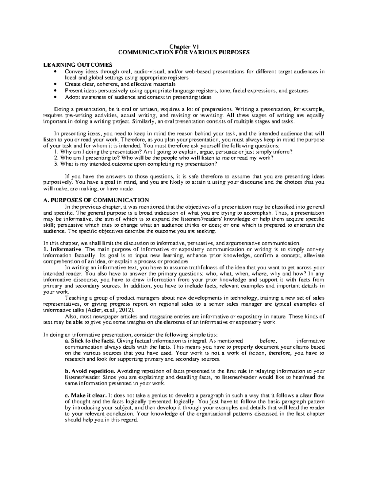 Purposive Communication - Chapter VI - Chapter VI COMMUNICATION FOR ...