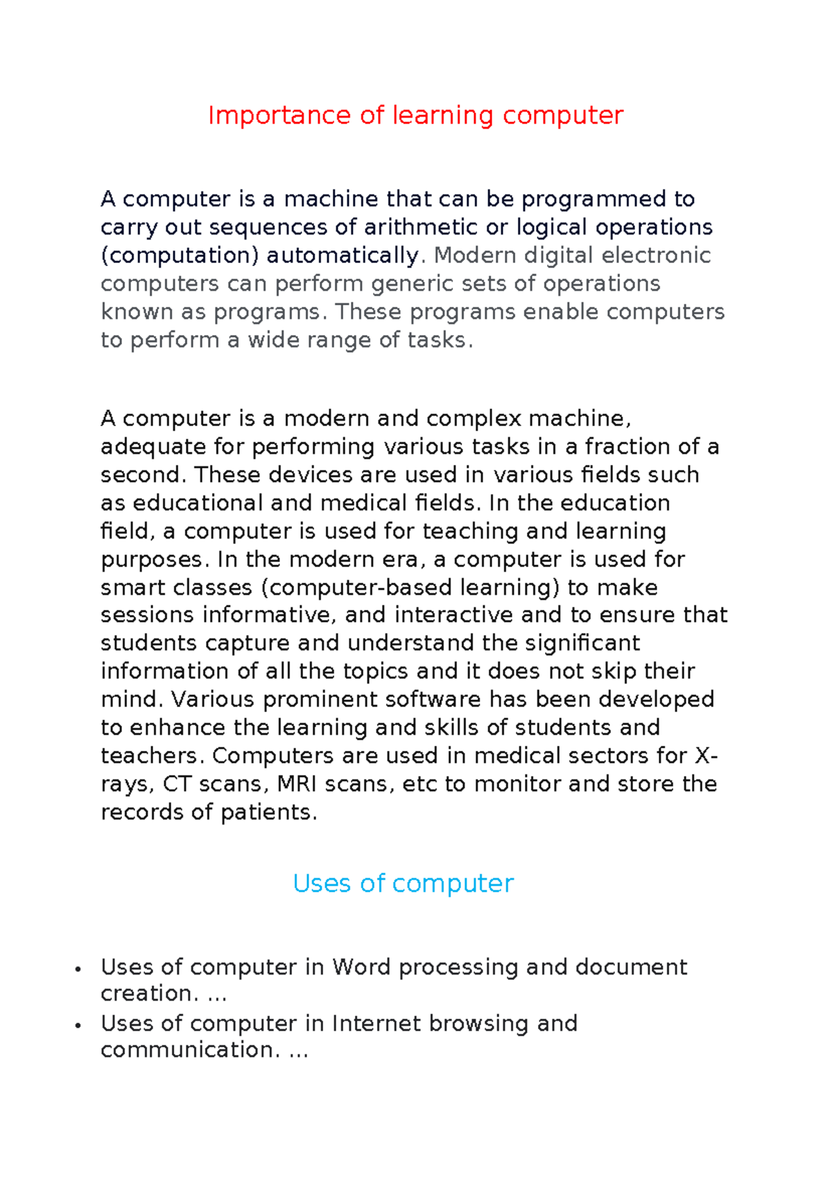 Importance of learning computer P - Importance of learning computer A ...