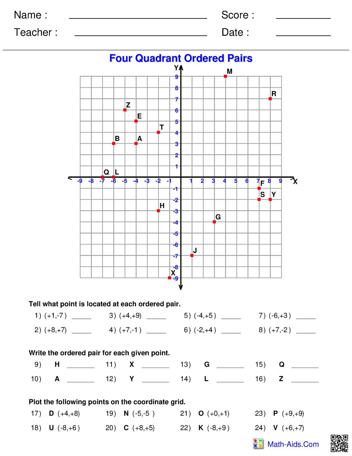 Geometry four ordered pairs - Name : Teacher : Date : Score : Math-Aids ...