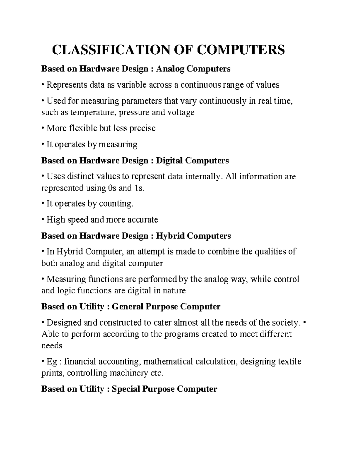 Classification OF Computers CLASSIFICATION OF COMPUTERS Based on