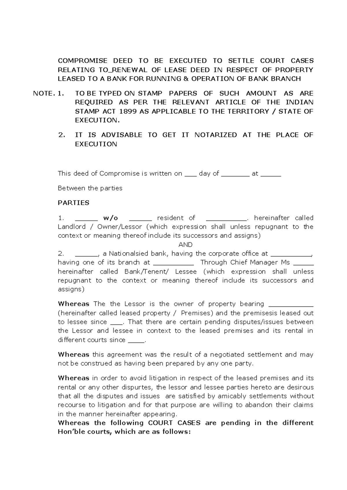 Compromise Deed To Be Executed To Settle Court Cases Relating To ...