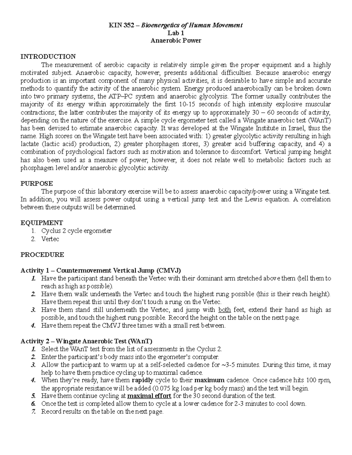 Anaerobic Power Lab Handout AY S2023-2 - KIN 352 – Bioenergetics of ...