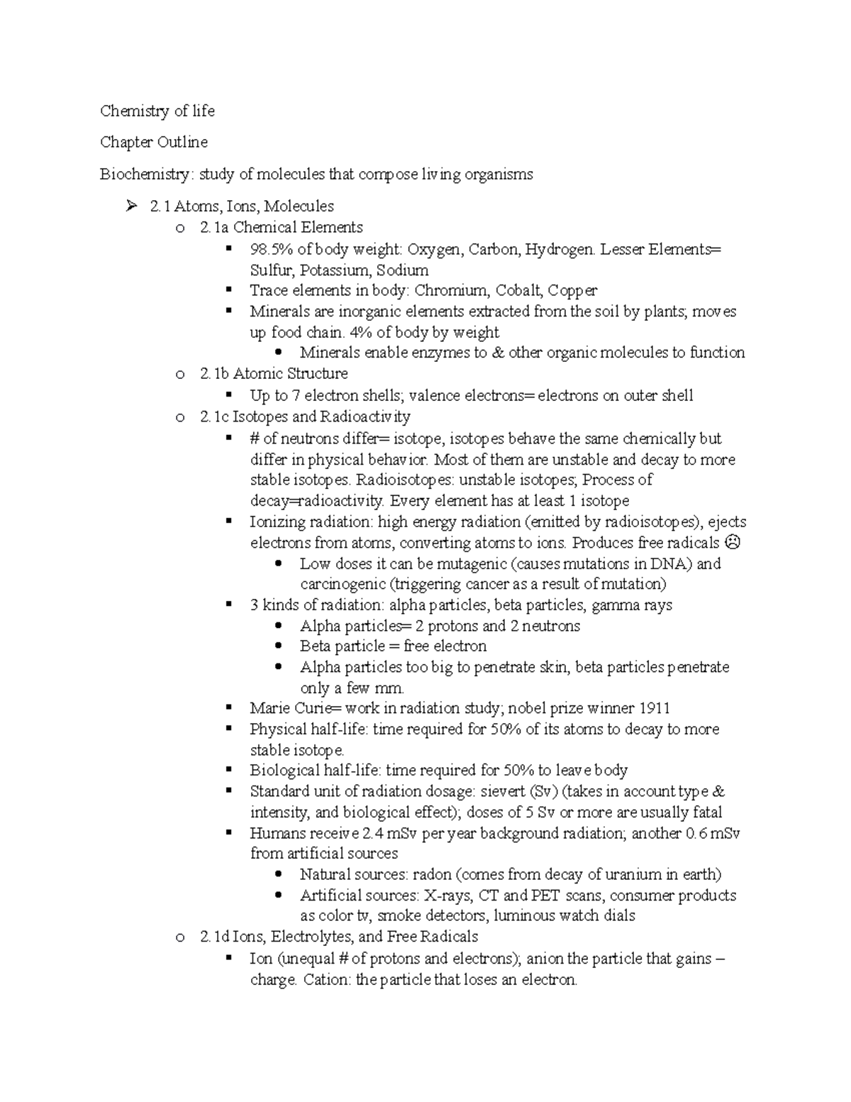 Chp 2 Chemistry of Life Notes - Chemistry of life Chapter Outline ...