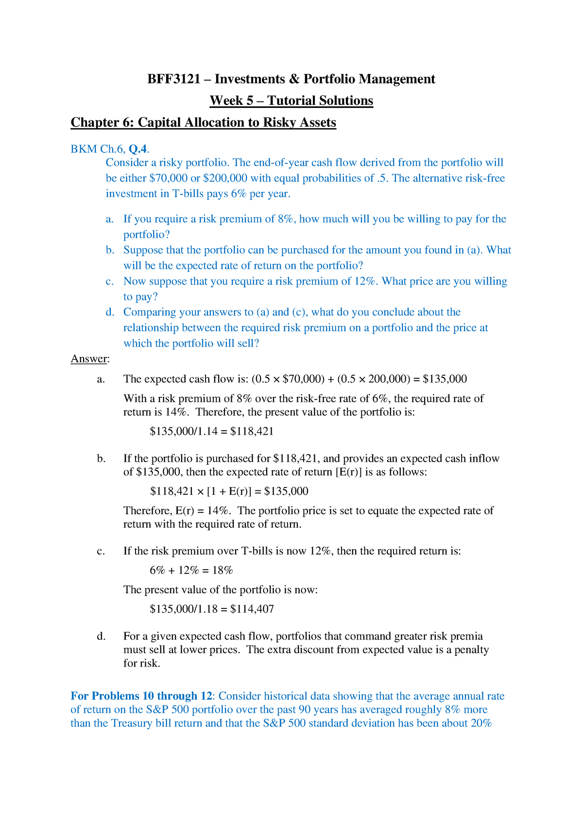 Week 05 Tutorial Solutions - BFF3121 – Investments & Portfolio ...