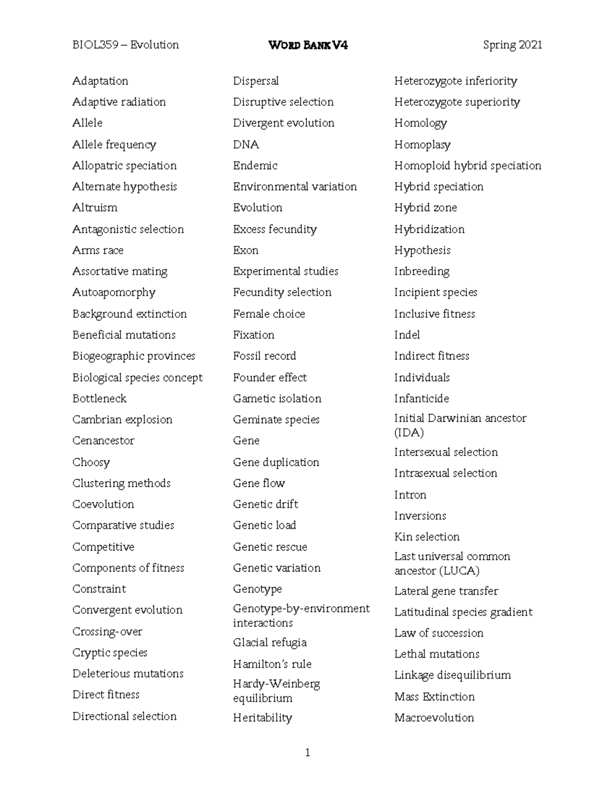 BIOL359 S2021 Word Bank Alphabetized v4 - BIOL359 – Evolution WORD BANK ...