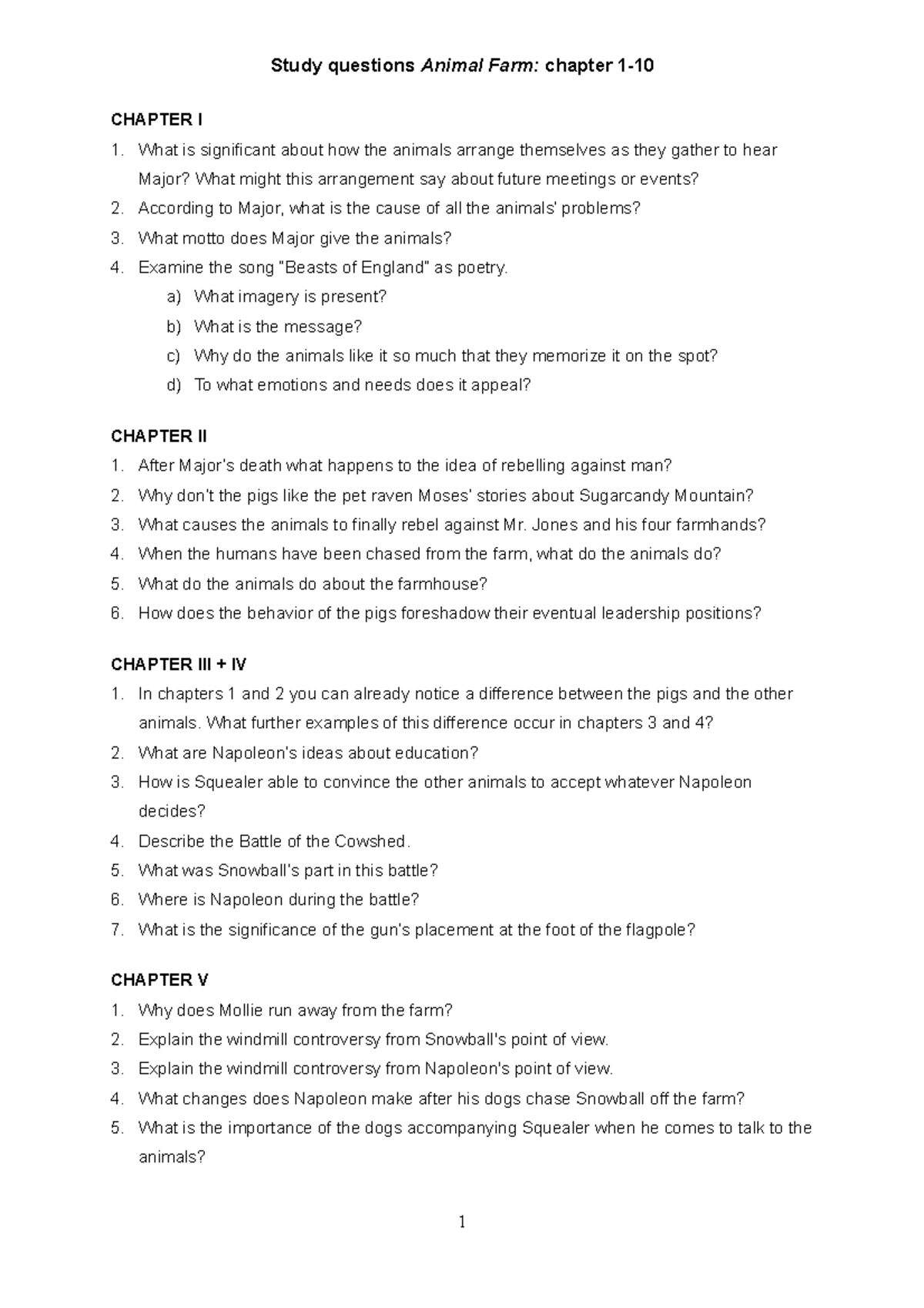 Animal Farm study questions Study questions Animal Farm chapter 1