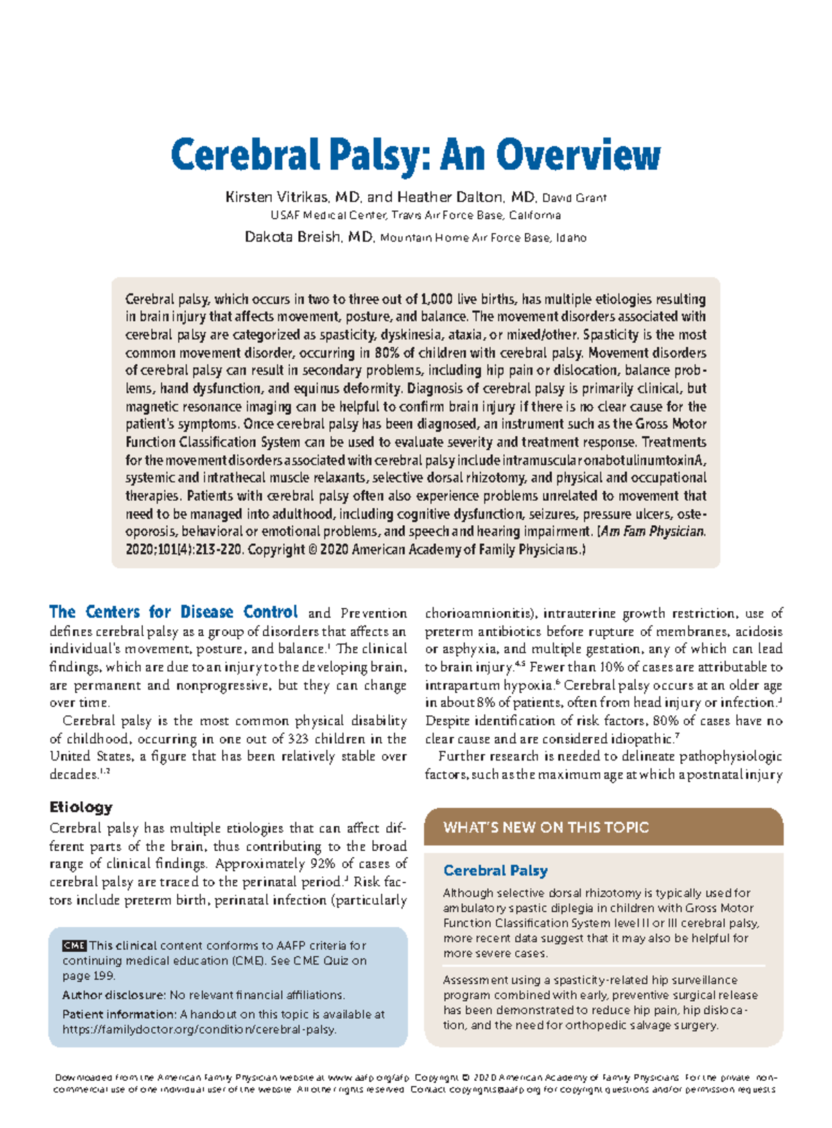 Jurnal 1. Cerebral palsy - February 15, 2020 Volume 101, Number 4 aafp ...