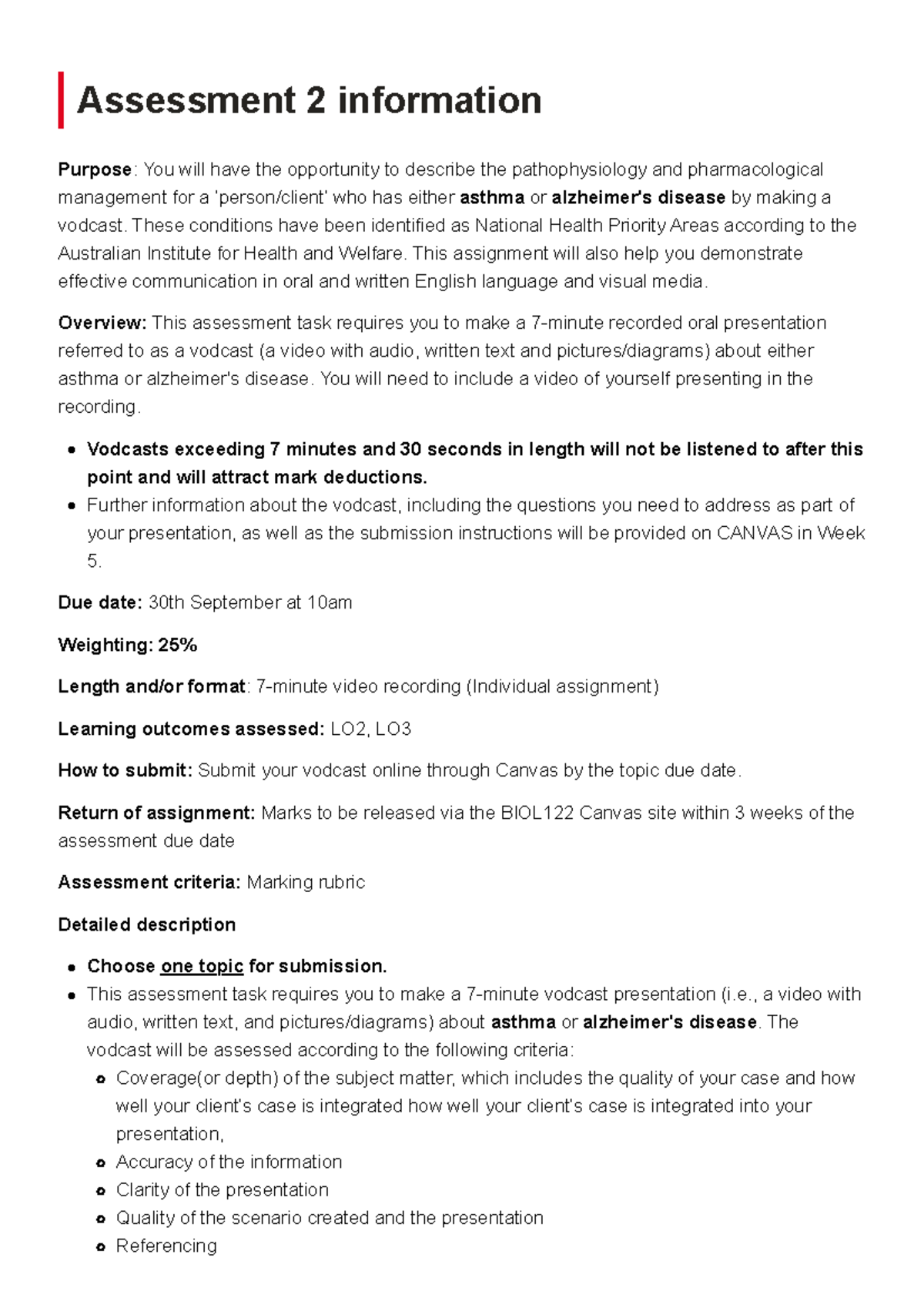 BIOL122 Assessment 2 information - Assessment 2 information Purpose ...