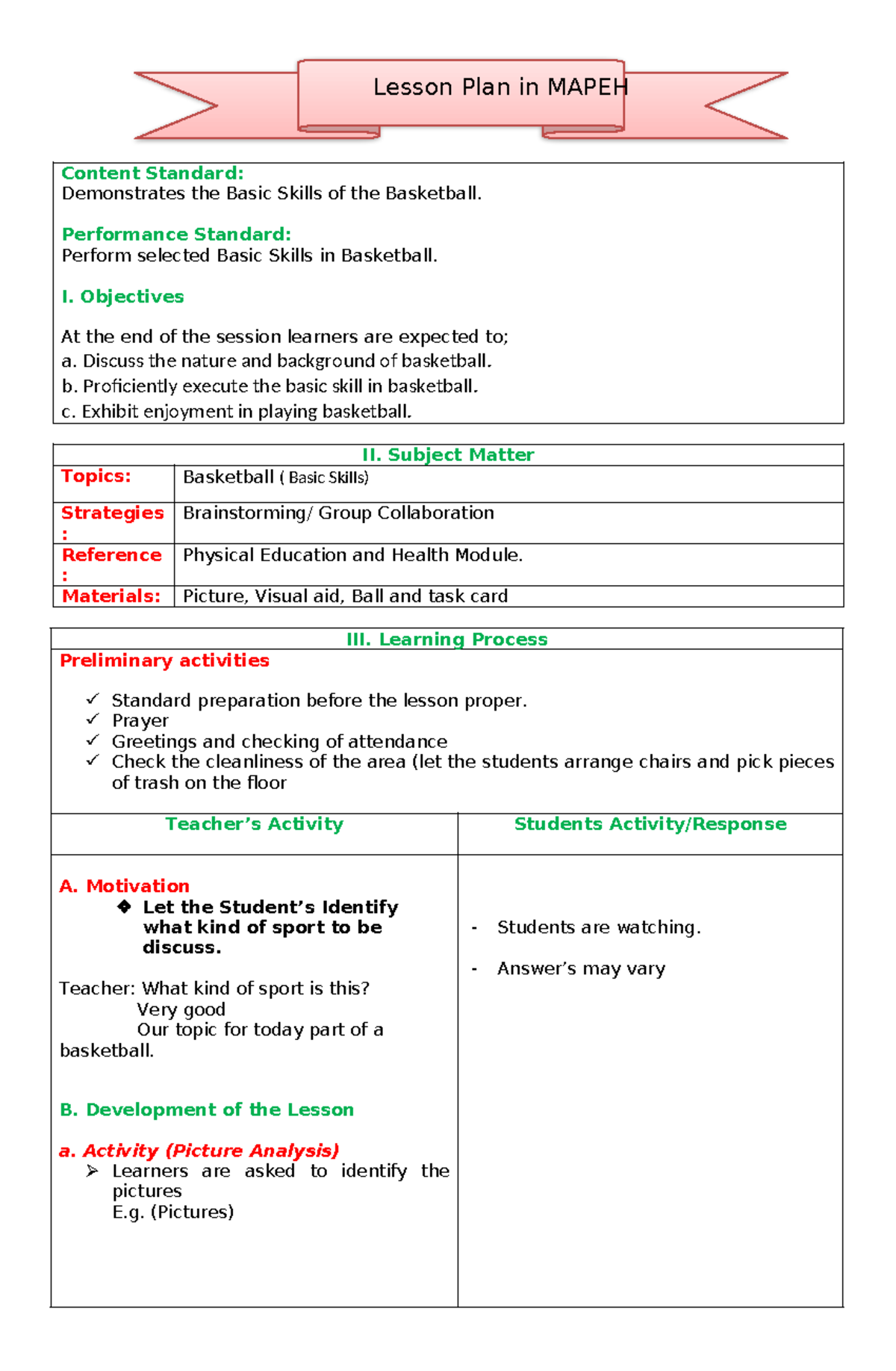 Demo Rosima - Demo - Lesson Plan in MAPEH Content Standard ...