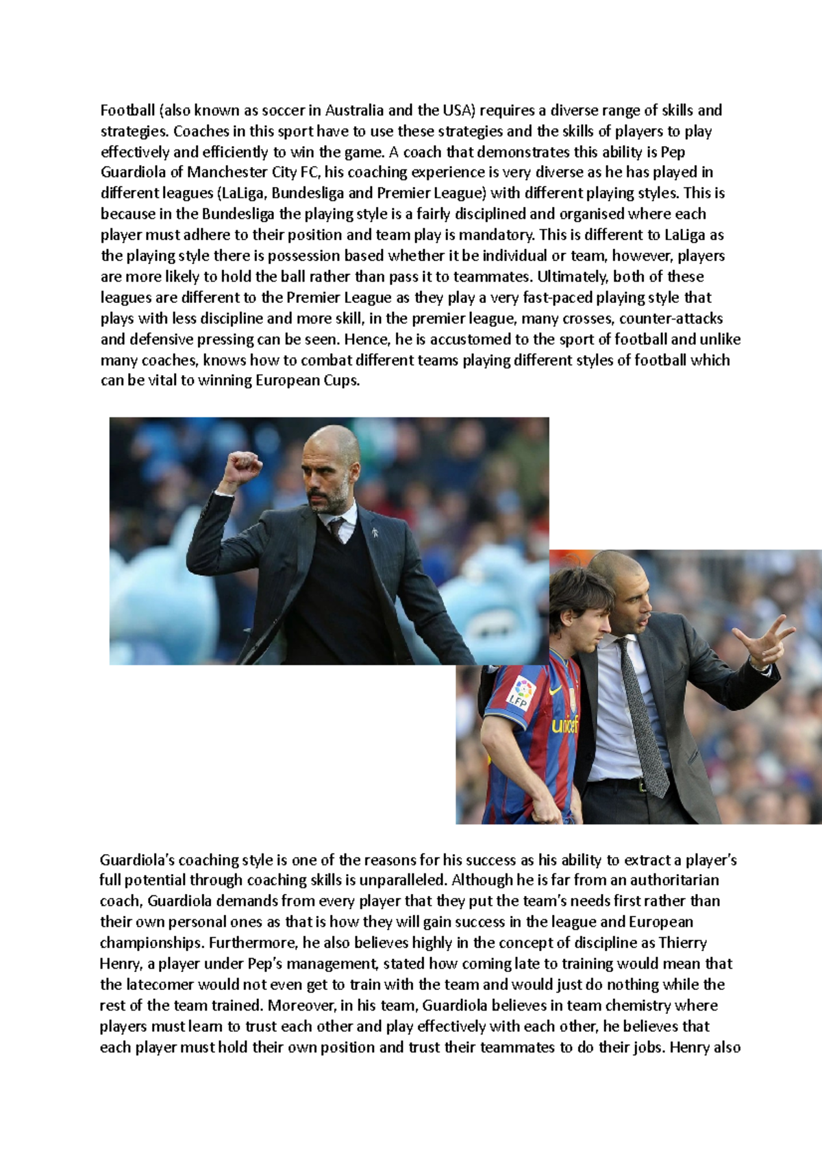 Coaching Essay on Pep Guardiola - Football (also known as soccer in ...
