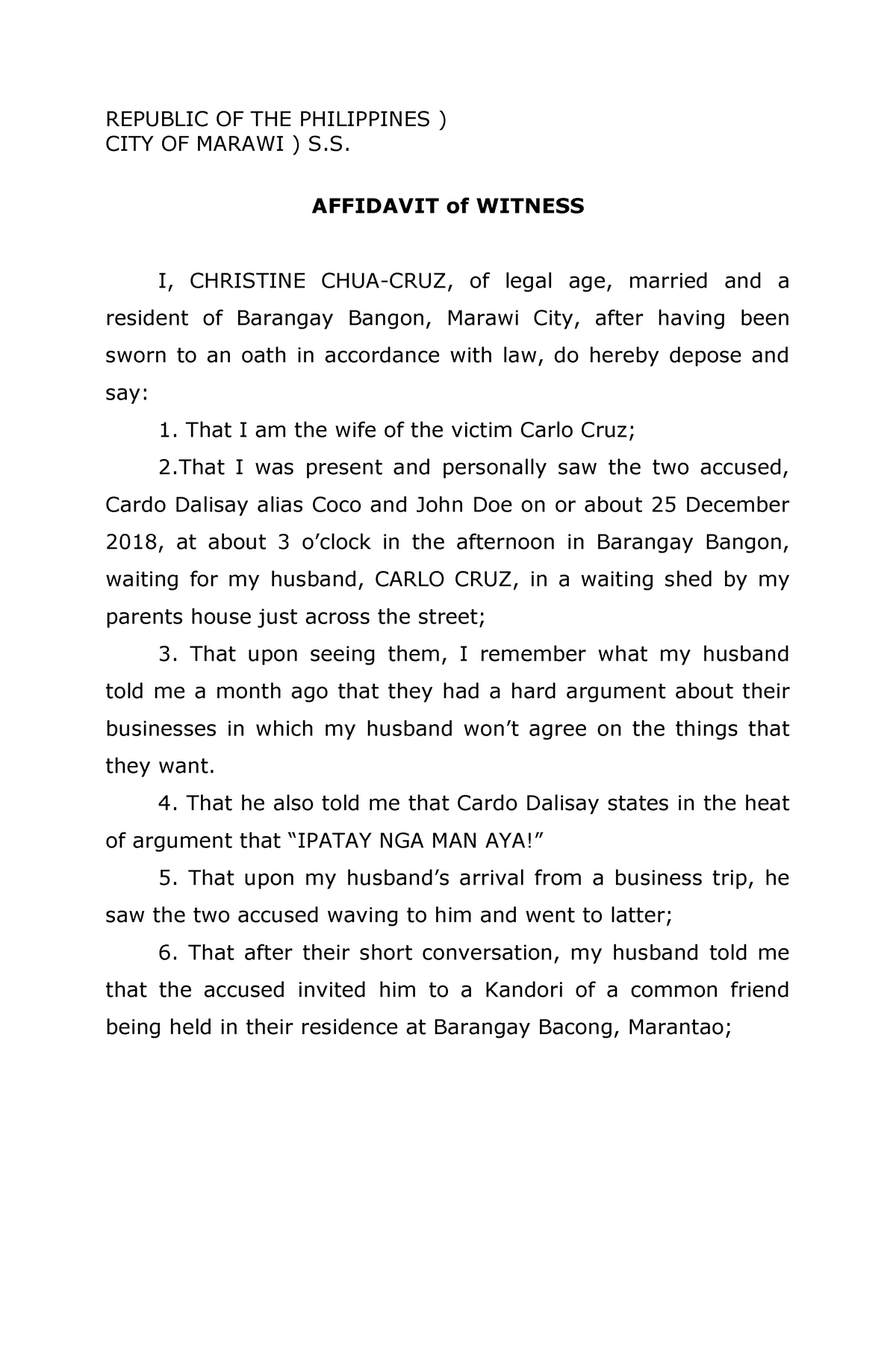 Affidavit Of Witness Wife Republic Of The Philippines City Of Marawi S Affidavit Of 3189