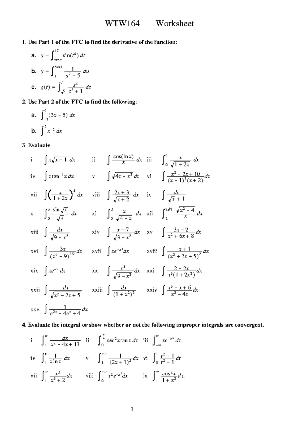 Worksheet exam prep - WTW164 Worksheet 1. Use Part 1 of the FTC to find ...