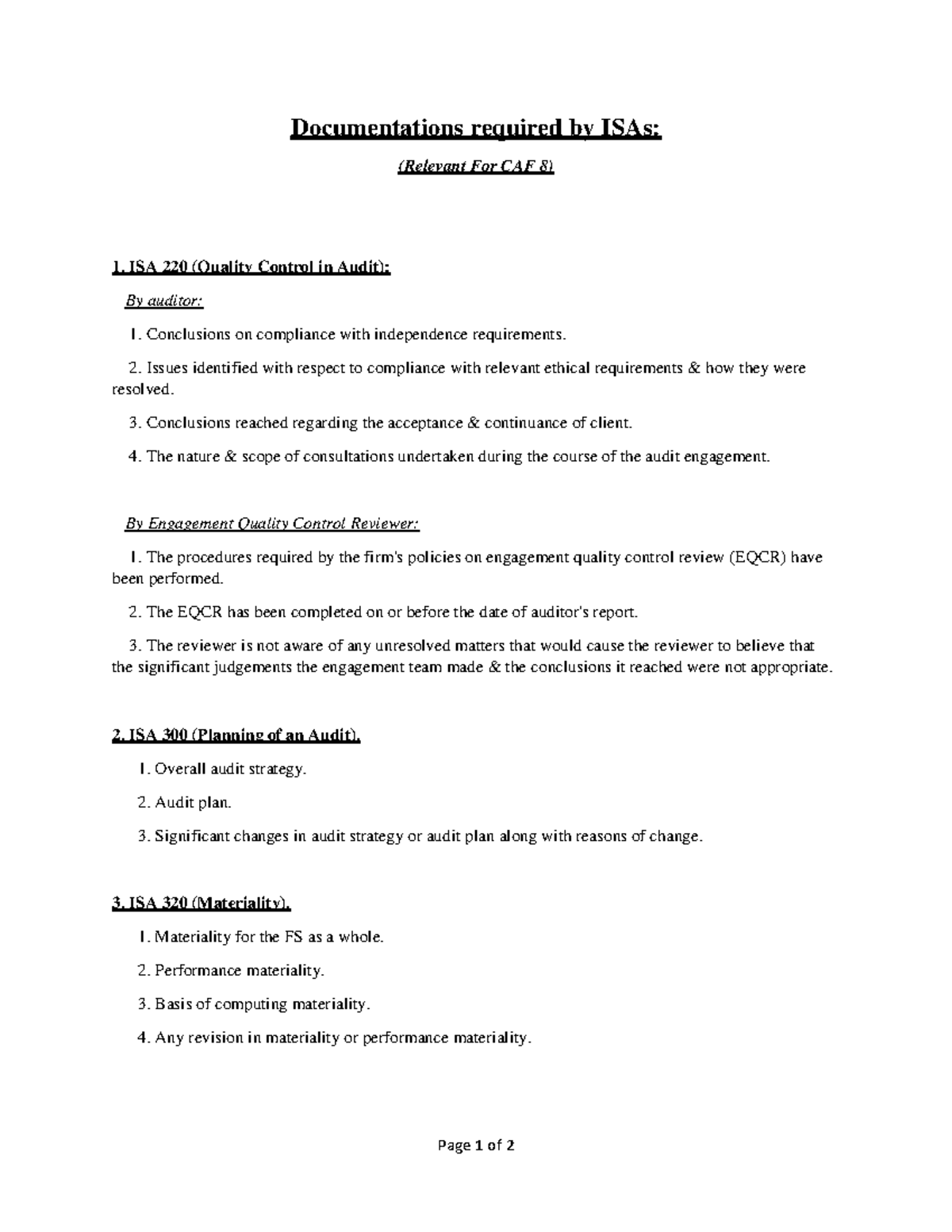 Documentations required by ISAs - Page 1 of 2 Documentations required ...