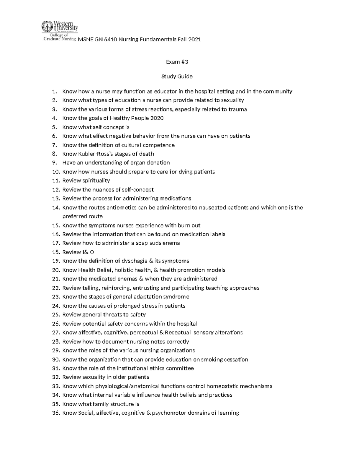 Exam #3 Study guide[ 15] - MSNE GN 6410 Nursing Fundamentals Fall 2021 ...