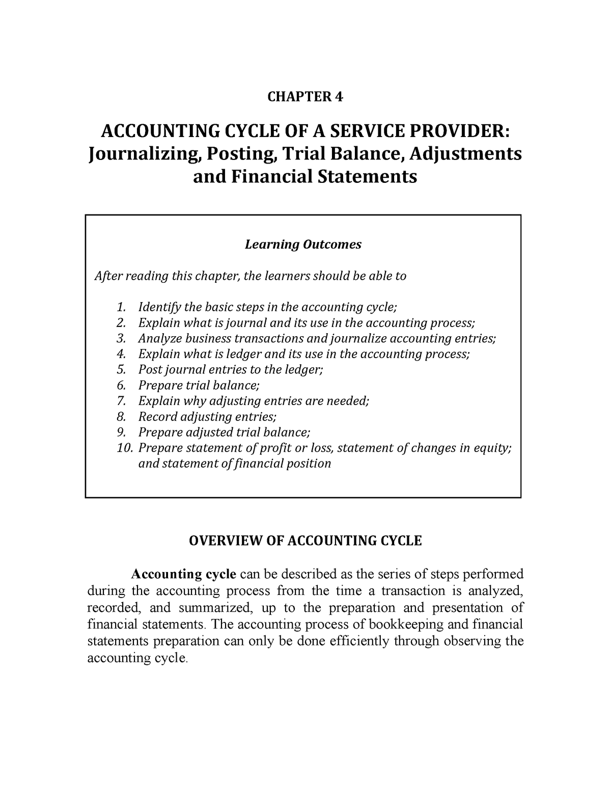 Chapter 4 Accounting Cycle Of A Service Provider Journalizing Posting Trial Balance Adjustments And Financial Statements Studocu