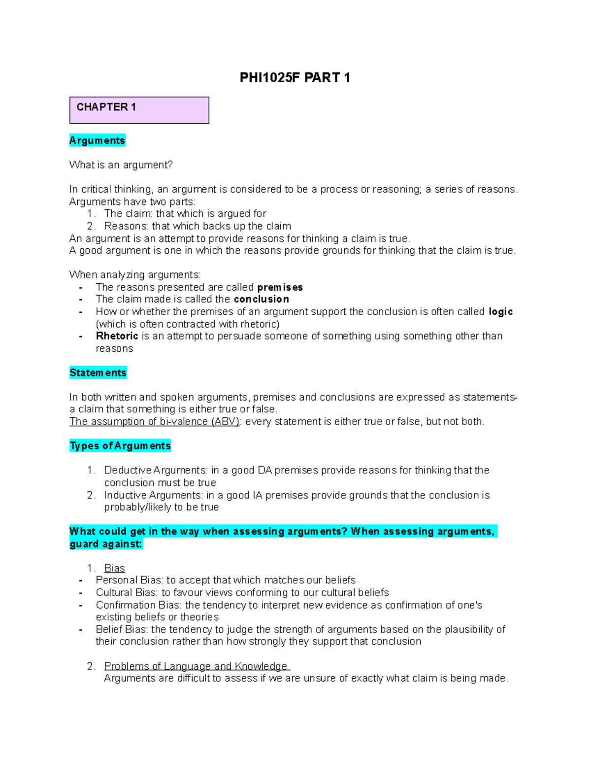 Phi1025f Part 1 Notes Phi1025f Part 1 Chapter 1 Arguments What Is An Argument In Critical Studocu