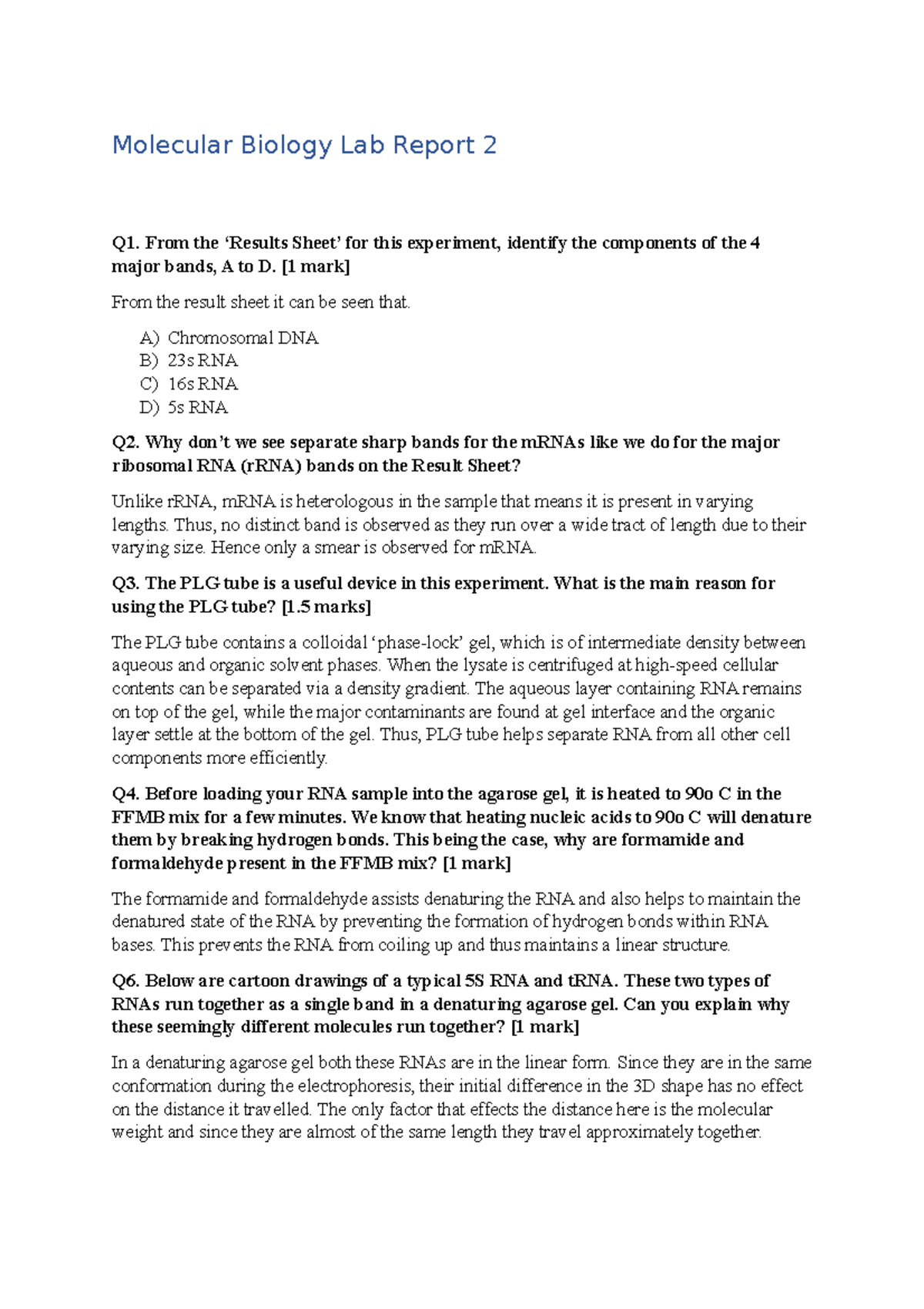 Molecular Biology Lab Report 2 From the ‘Results Sheet’ for this