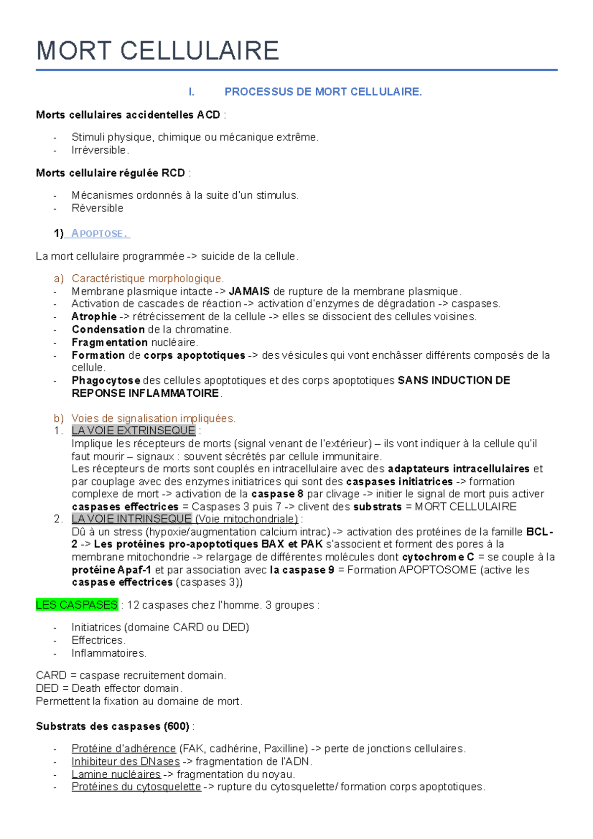 MORT Cellulaire Cours MORT CELLULAIRE I. PROCESSUS DE MORT