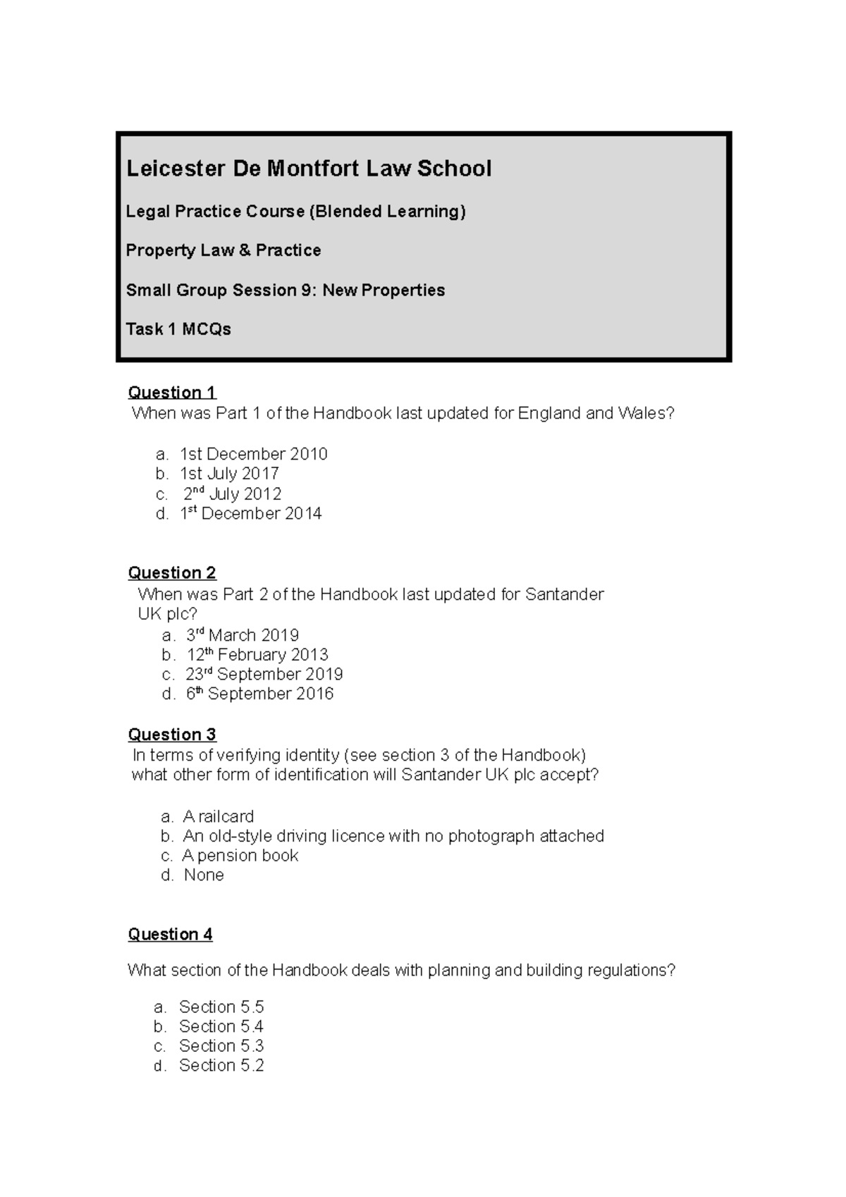 SGS 9 Blended 2021 task 1 MCQs 2021 Leicester De Montfort Law School