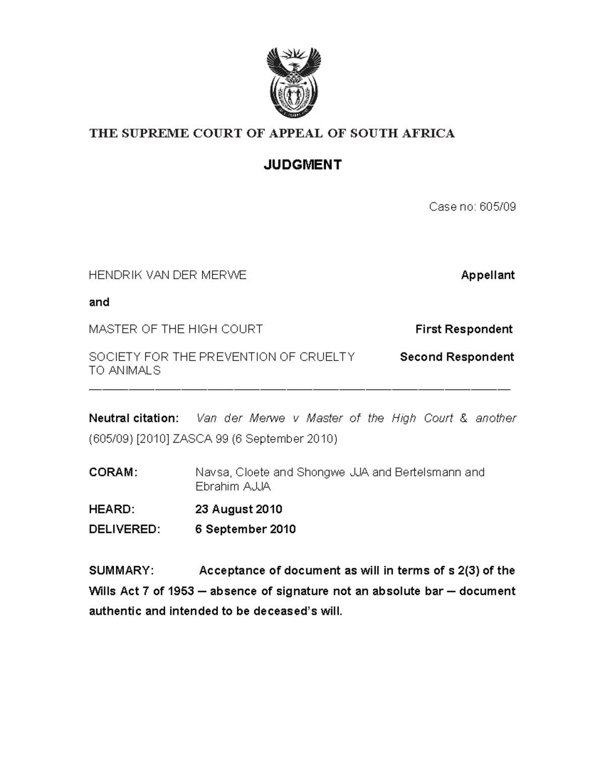 Van der Merwe v The Master 2010 (6) SA 544 (SCA) - THE SUPREME COURT OF ...