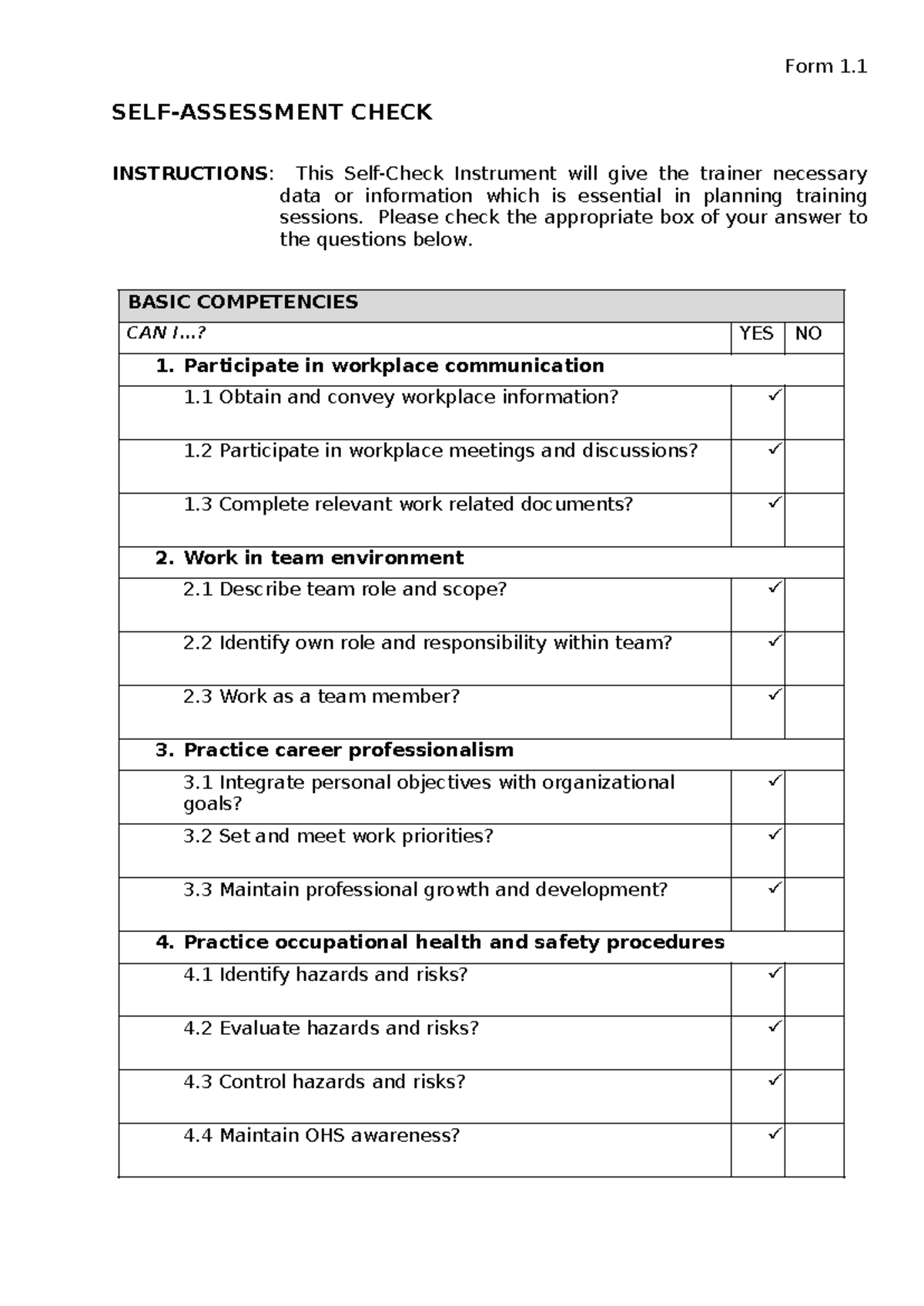 Training Needs Analysis Forms ( Torres) - SELF-ASSESSMENT CHECK ...