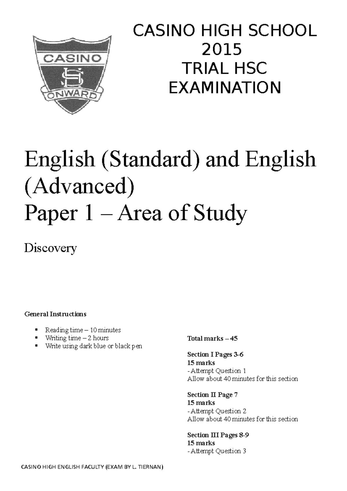 Trial Paper English - CASINO HIGH SCHOOL 2015 TRIAL HSC EXAMINATION ...