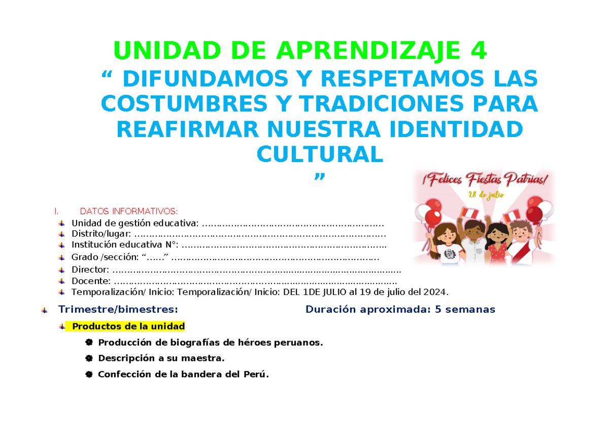 5° Grado Unidad DE Aprendizaje 4 Julio 2024 - UNIDAD DE APRENDIZAJE 4 ...