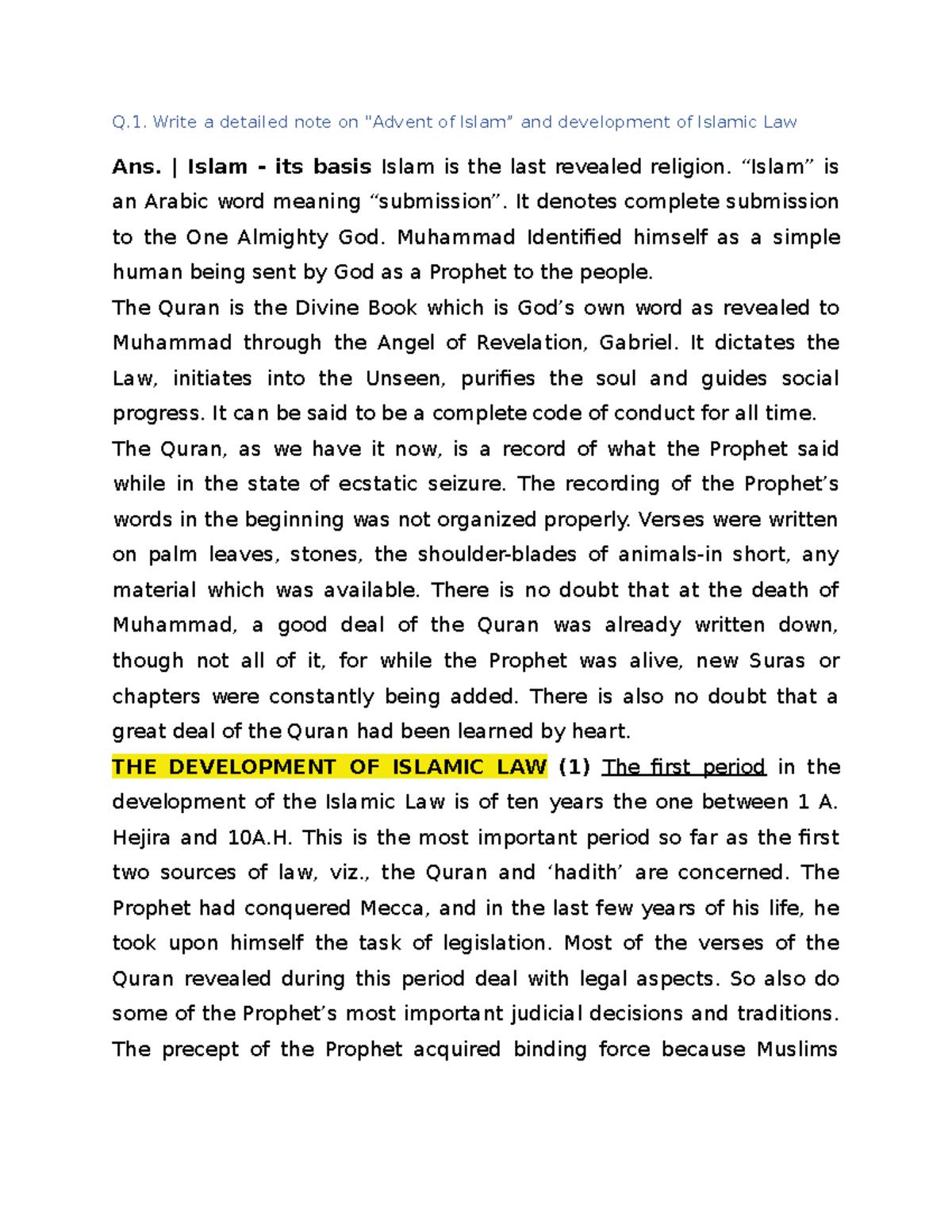 Muslim Law - Q. Write a detailed note on 