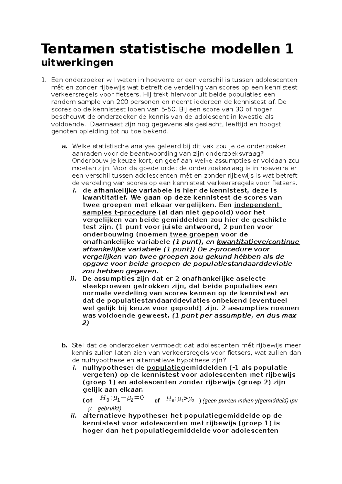 Uitwerking Tentamen Statistische Modellen 1 25 Maart 2021 - Tentamen ...