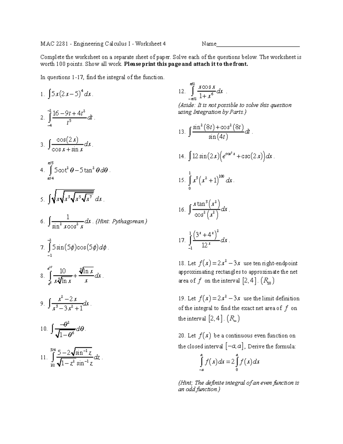 Worksheet 4 Integrals - MAC 2281 - Engineering Calculus I - Worksheet 4 ...