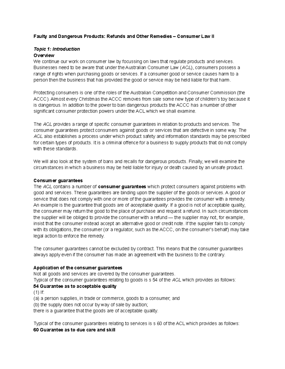 Consumer 2 Topic 1 - law notes - Faulty and Dangerous Products: Refunds ...