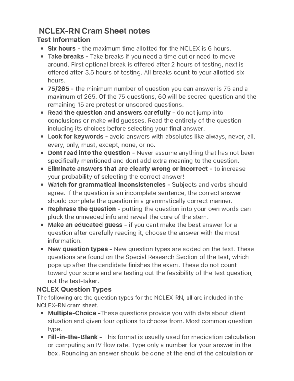 Nclex-RN Cram Sheet notes - ï ï ï ï ï ï ï ï ï ï ï ï ï NCLEX-RN Cram ...