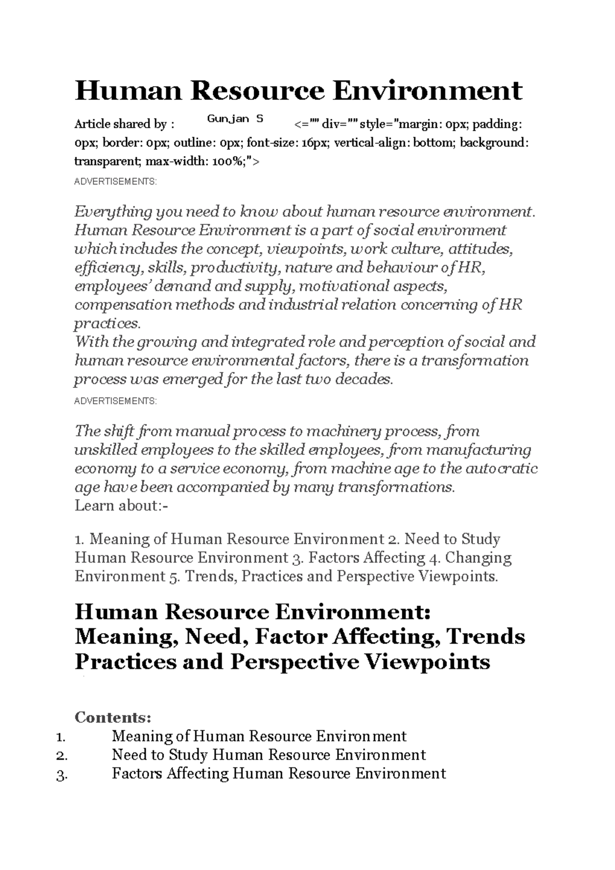 Human Resource Management environment Human Resource Environment