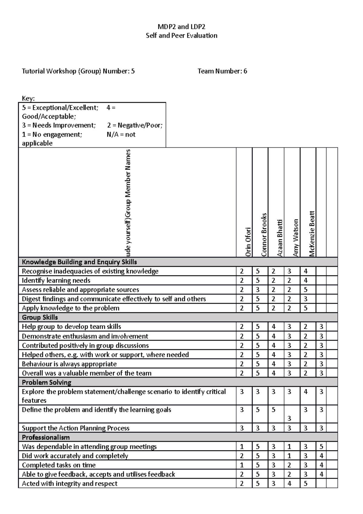 MDP2 and LDP2 Peer and Self Rubric - MDP2 and LDP Self and Peer ...