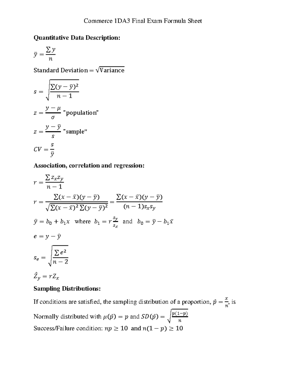 Final Exam Formula Sheet - Quantitative Data Description: 𝑦̅ = ∑𝑦 𝑛 ...