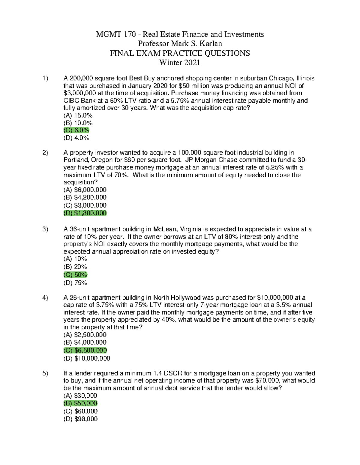 Final Exam Practice Questions MGMT 170 Real Estate Finance and