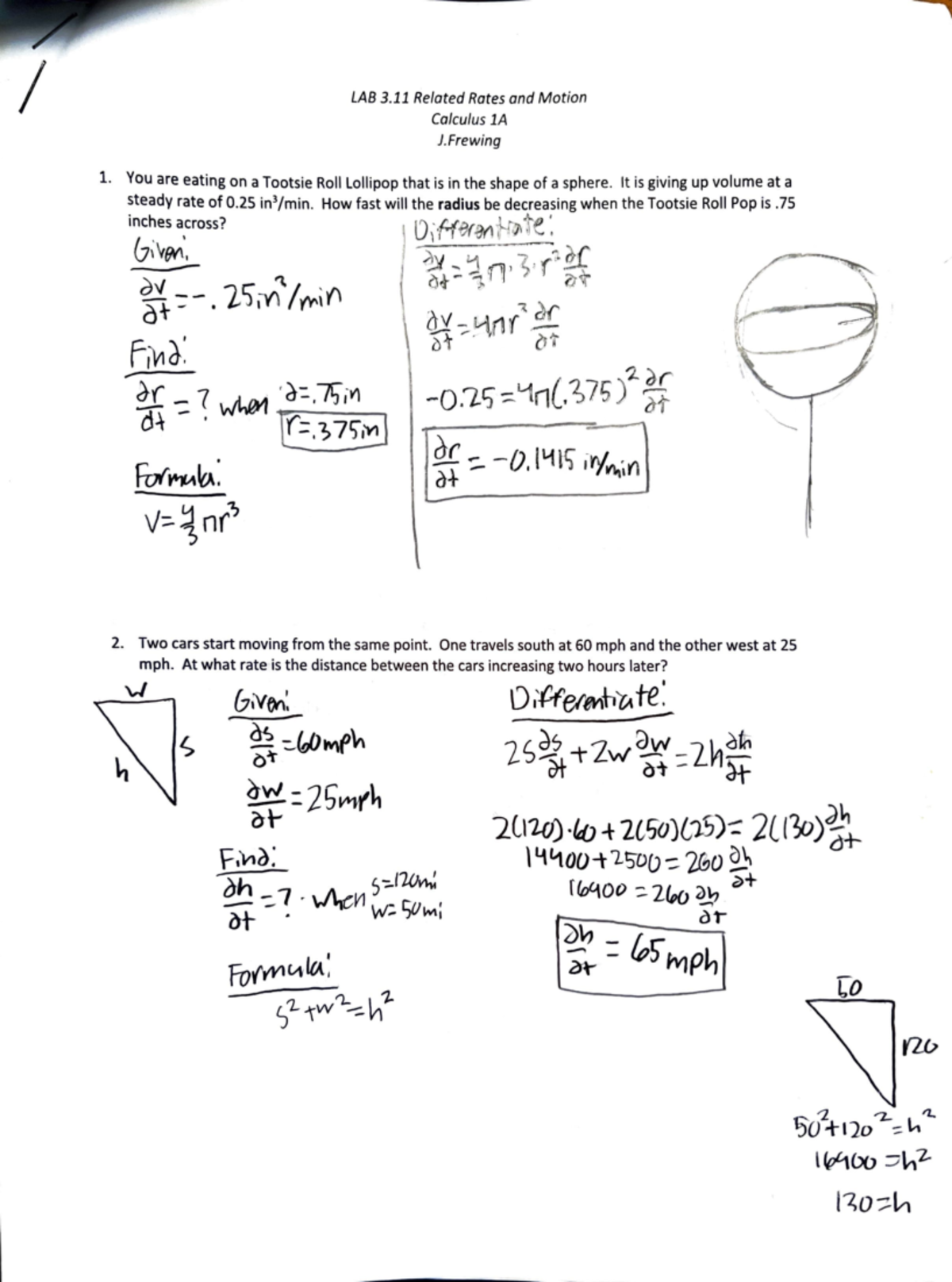 MAT-1A - 3 - MAT-1A - 3.11 Related Rates - I LAB 3. 11 Related Rates ...