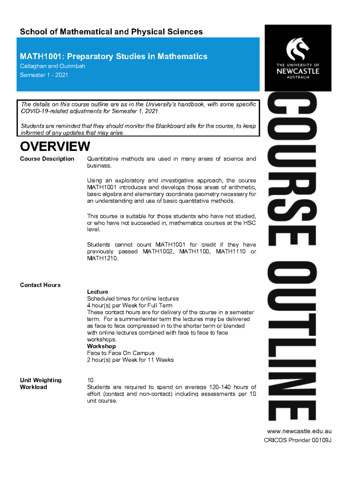 MATH1001 S1 2021 Course Outline - School of Mathematical and Physical ...