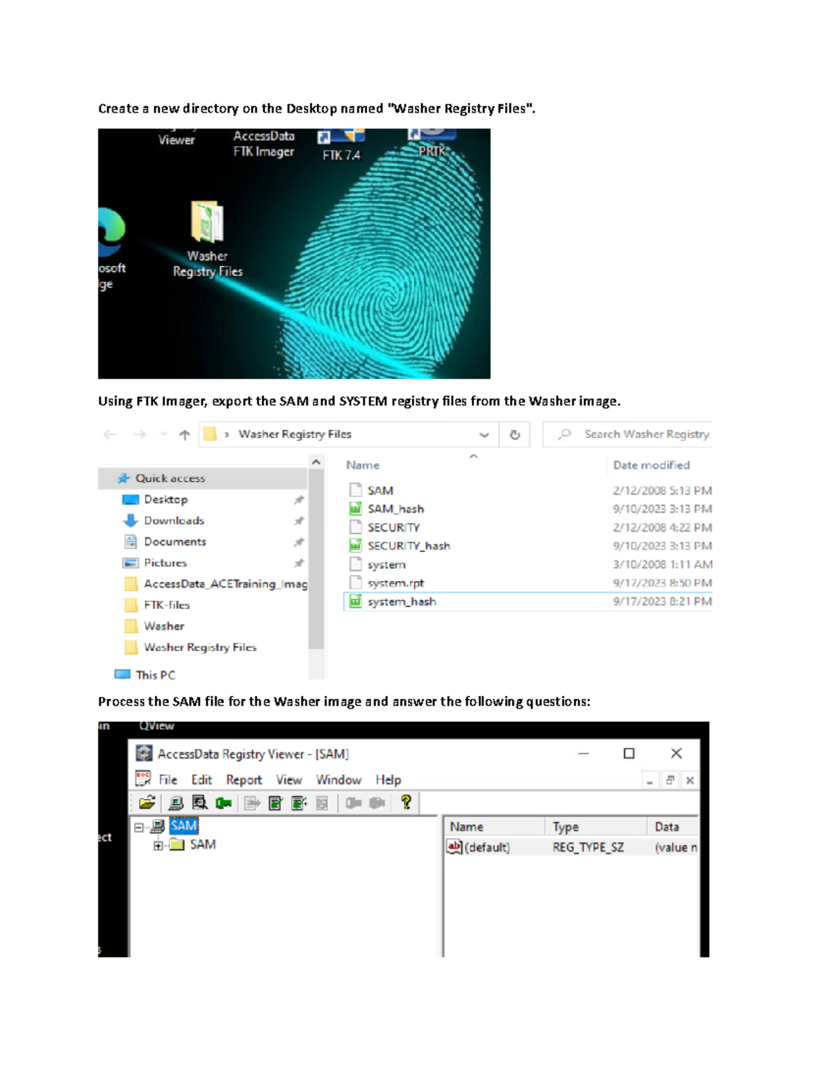 Registry Viewer Create a new directory on the Desktop named "Washer