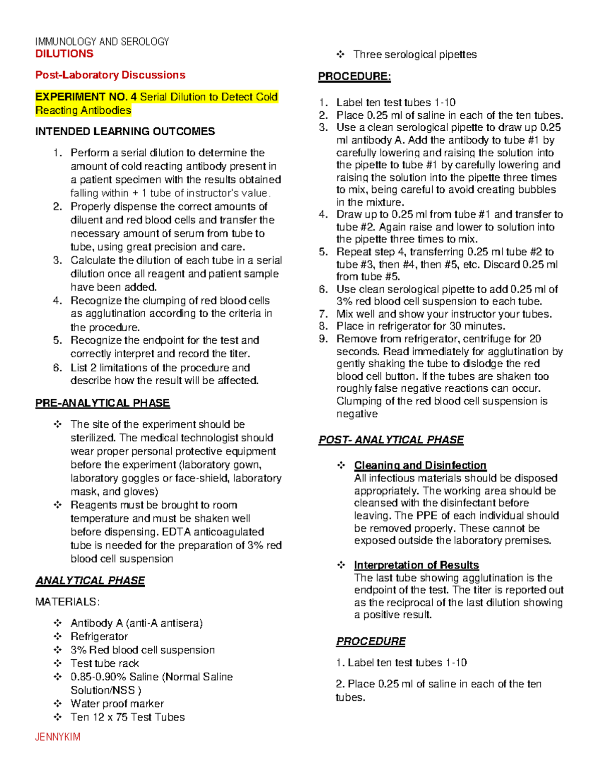 IMSE LAB Serial Dilutions DILUTIONS PostLaboratory Discussions