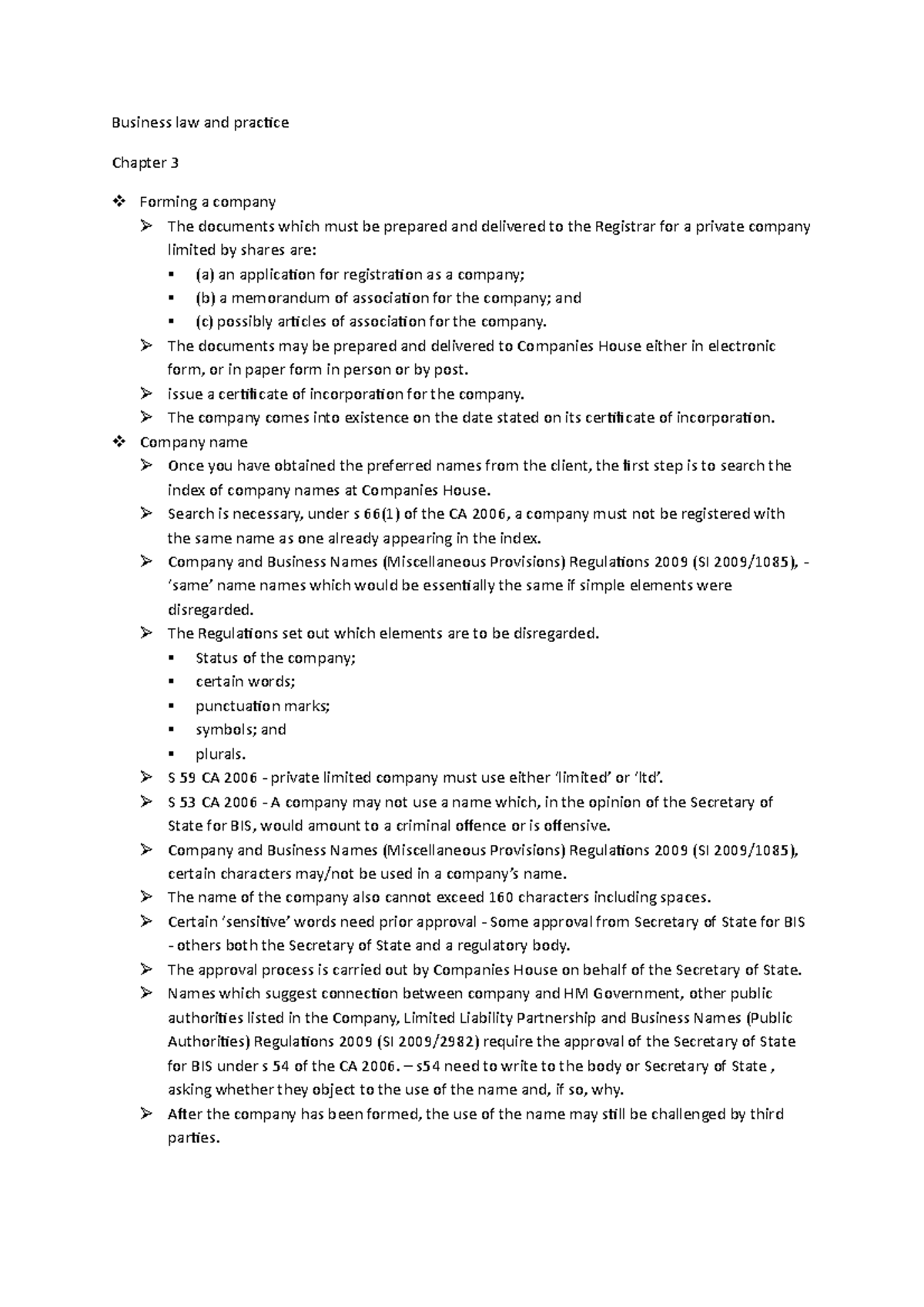 Chapter 3 - LPC Notes - Business Law And Practice Chapter 3 Forming A ...