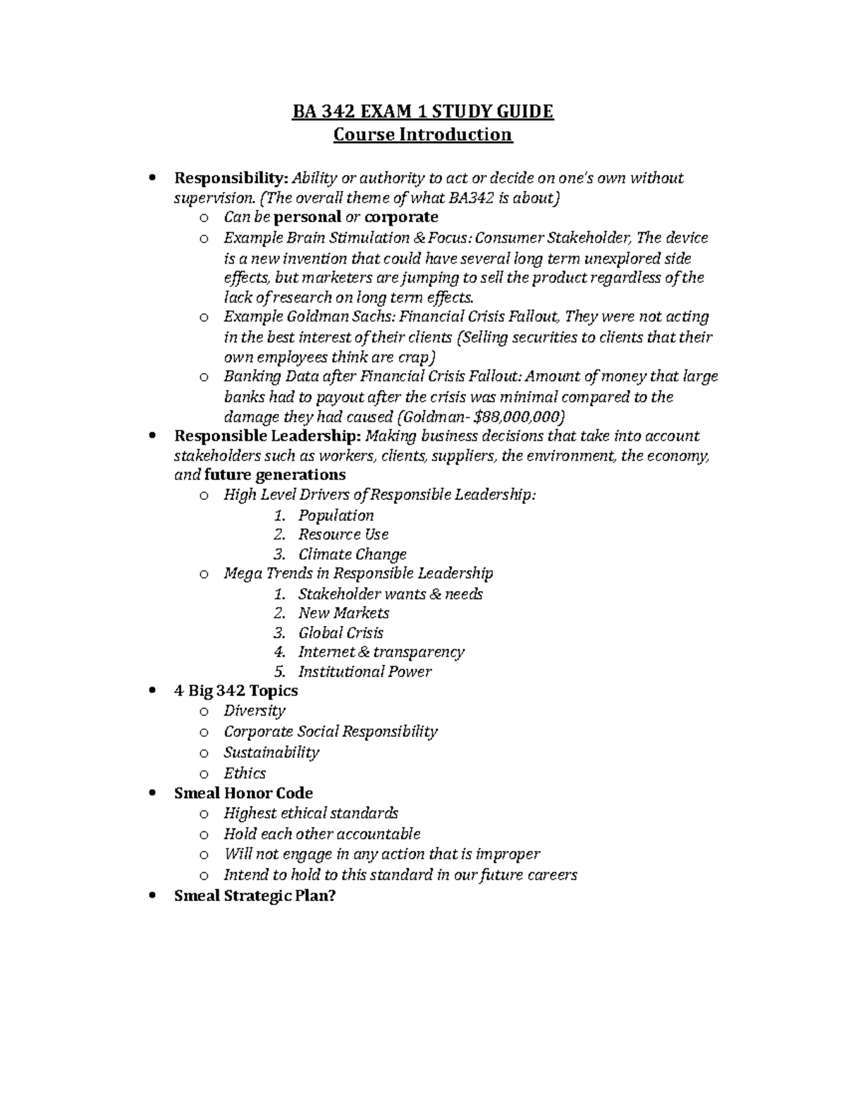 BA 342 Exam#1 - Lecture Note EXAM 1 - BA 342 EXAM 1 STUDY GUIDE Course ...