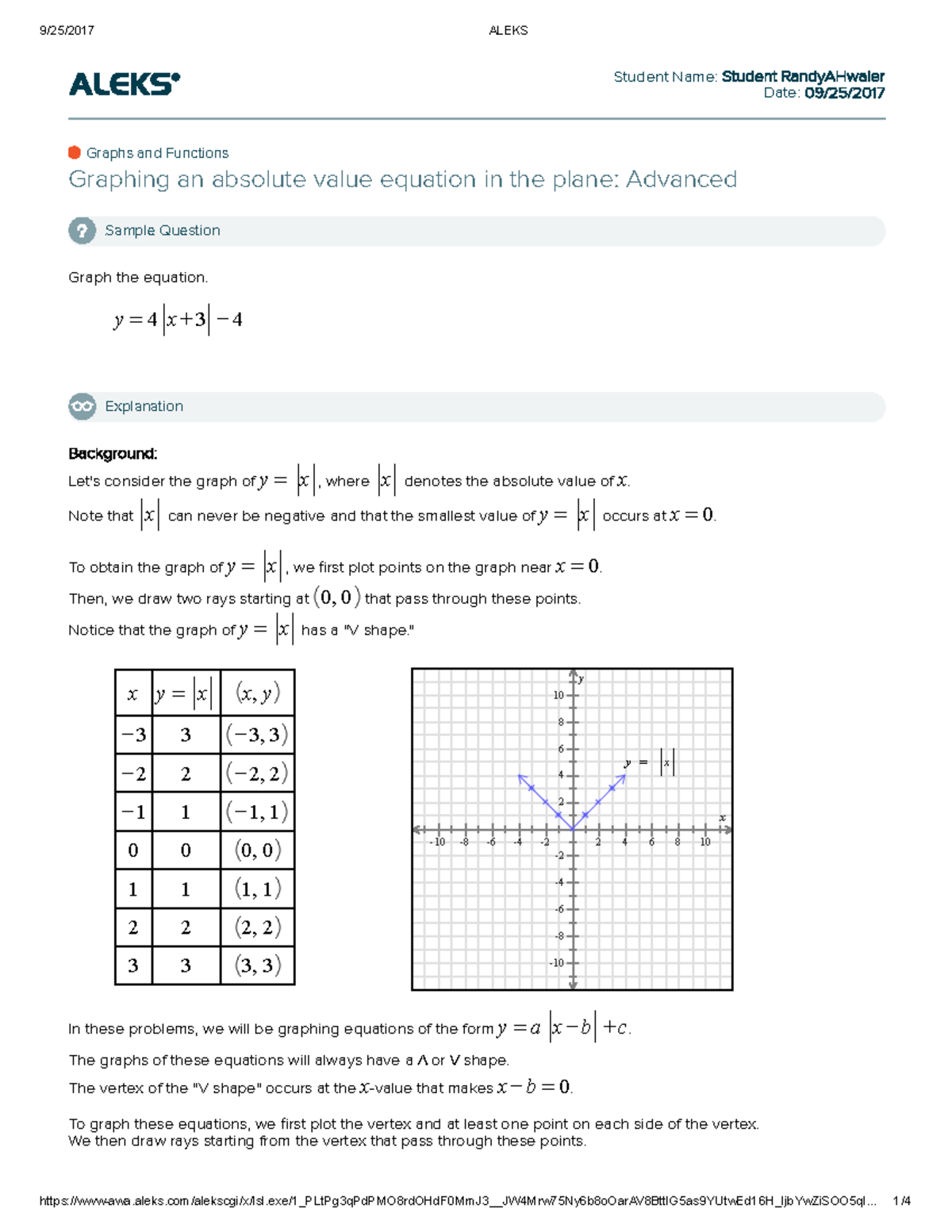 Graphing an absolute value equation in the plane Advanced - Student ...