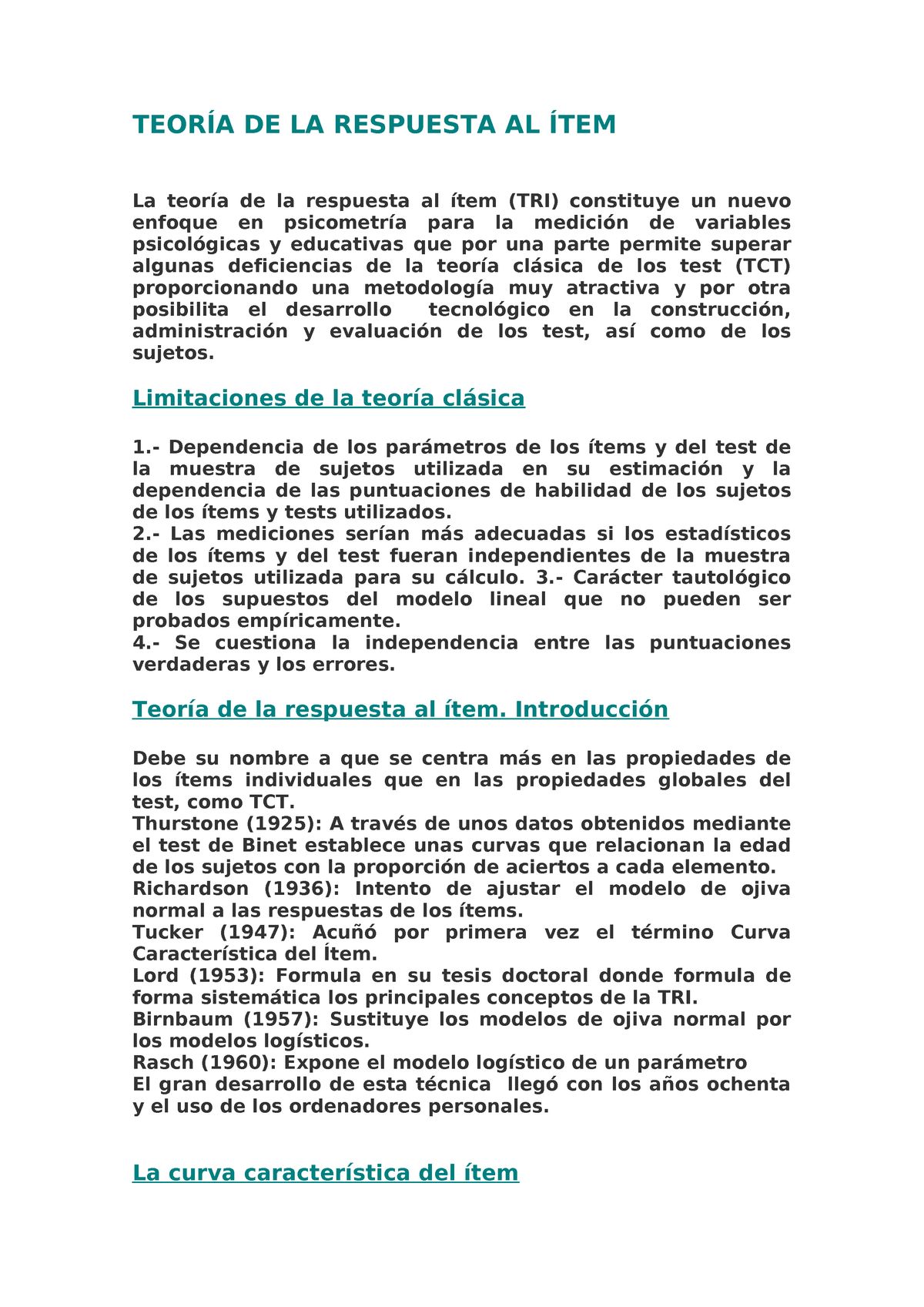 Teoria De La Respuesta Al Item10 Teor De La Respuesta Al Tem La Teor De La Studocu