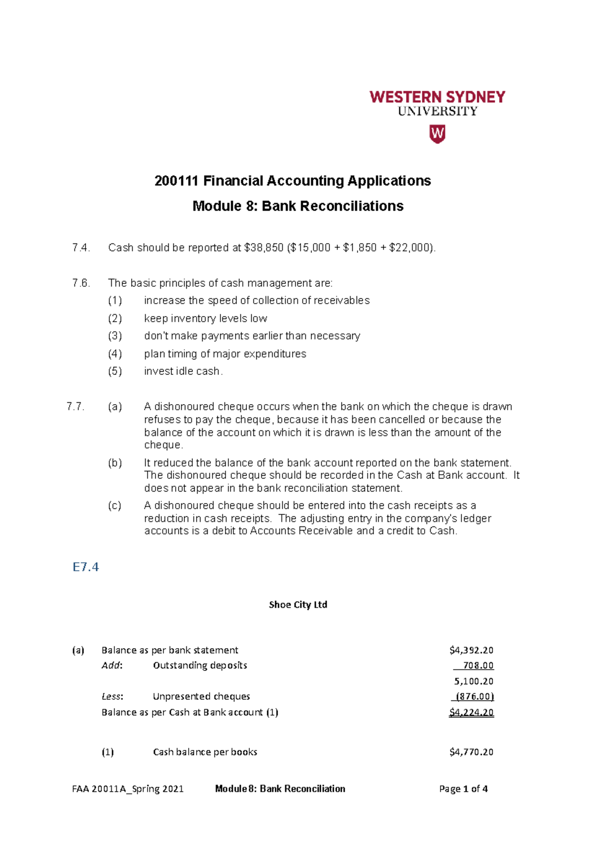 2001 11 Module 8 working out and solutions - 200111 Financial ...