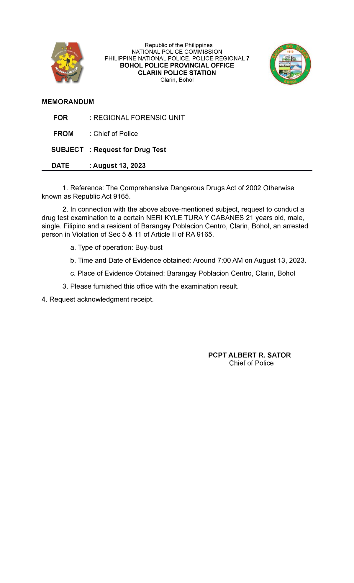 Request for drug test d vx xv republic of the philippines national