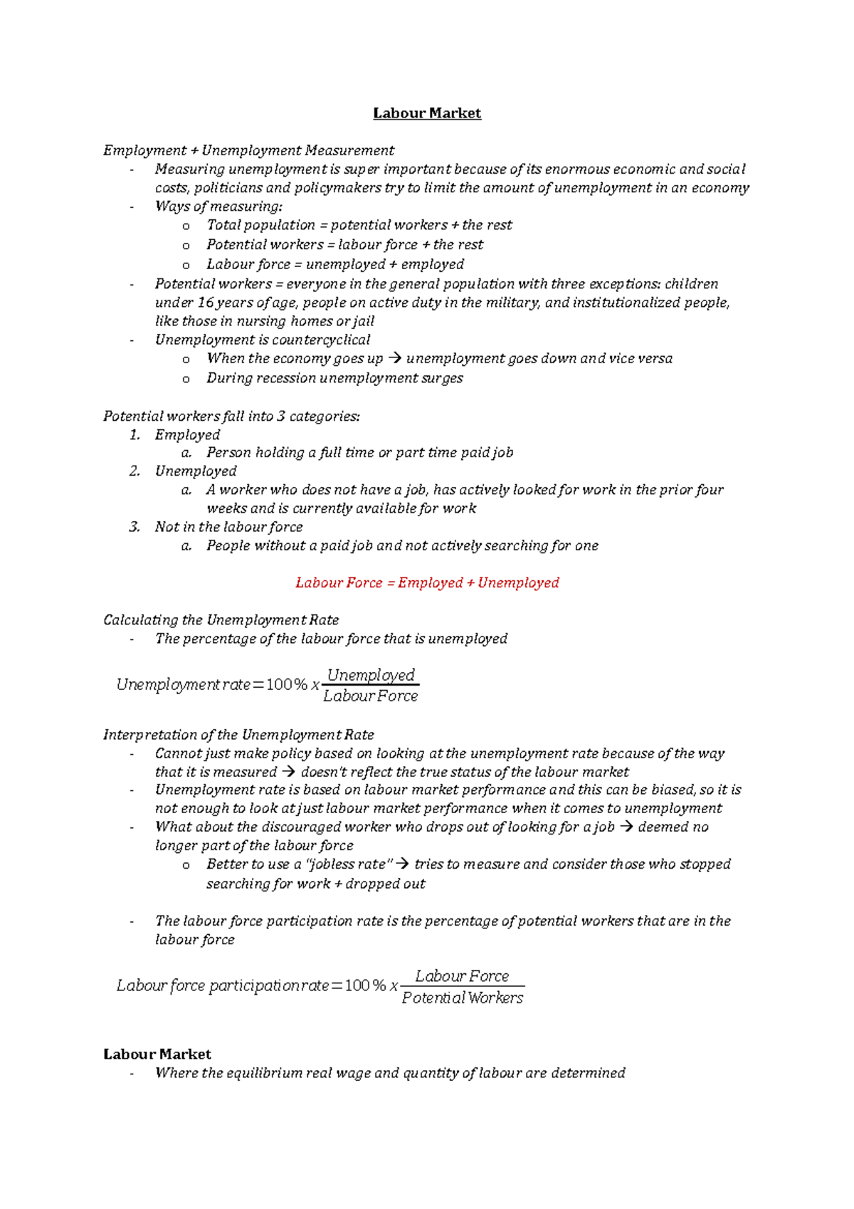 Ec100 labour market notes - Labour Market Employment + Unemployment ...