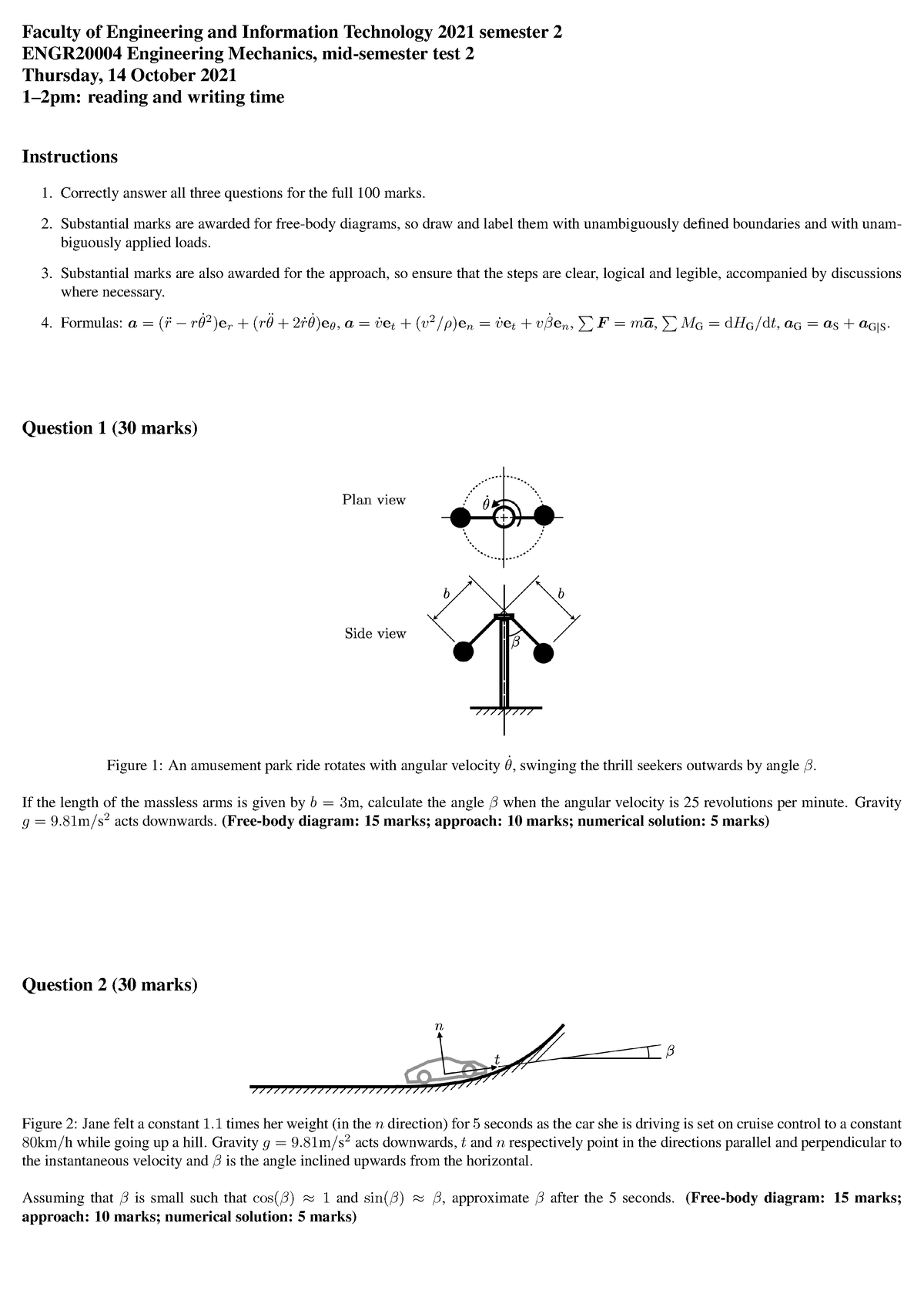 Engmech 2021s2 Test2 - Previous Year's Exam For Semester 2. - Faculty ...